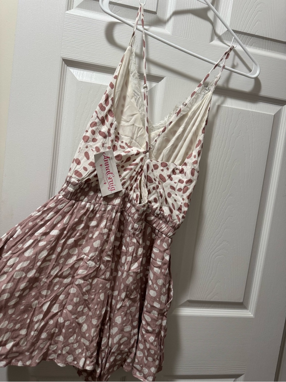 Sleeveless V-Neck Polka Dot Romper in Dusty Rose and White - Picture 2 of 6